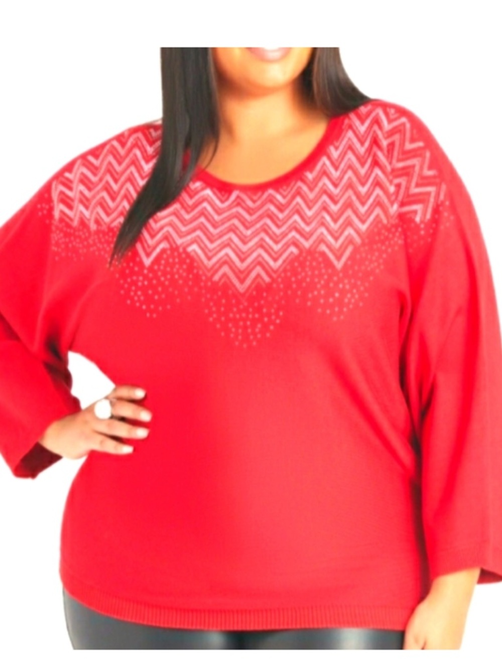 New! Ashley Stewart Red Scoop Neck Knit Sweater with Chevron Detail, Size 22/24